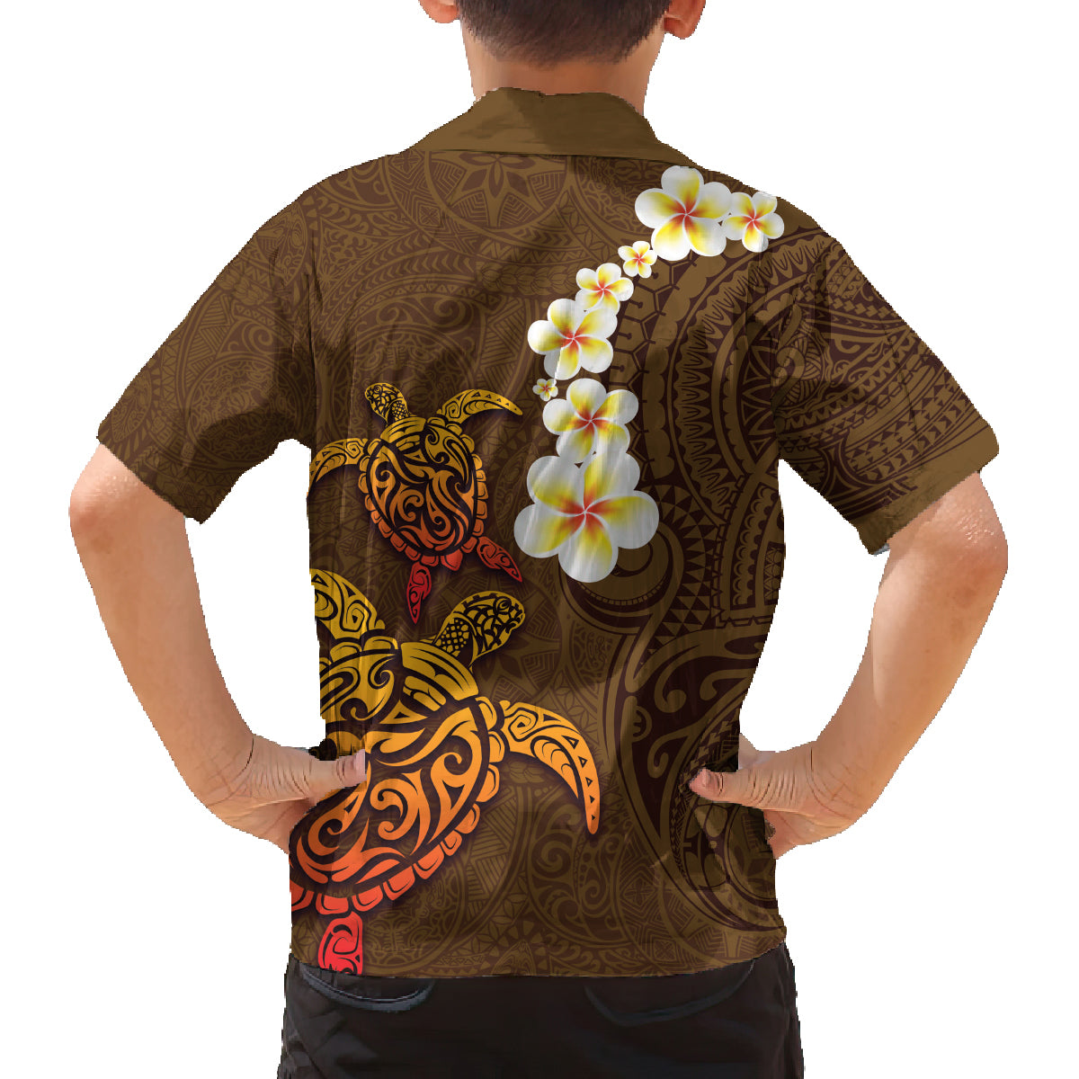 Hawaii Turtle Plumeria Flower Family Matching Tank Maxi Dress and Hawaiian Shirt Polynesian Pattern Brown Color
