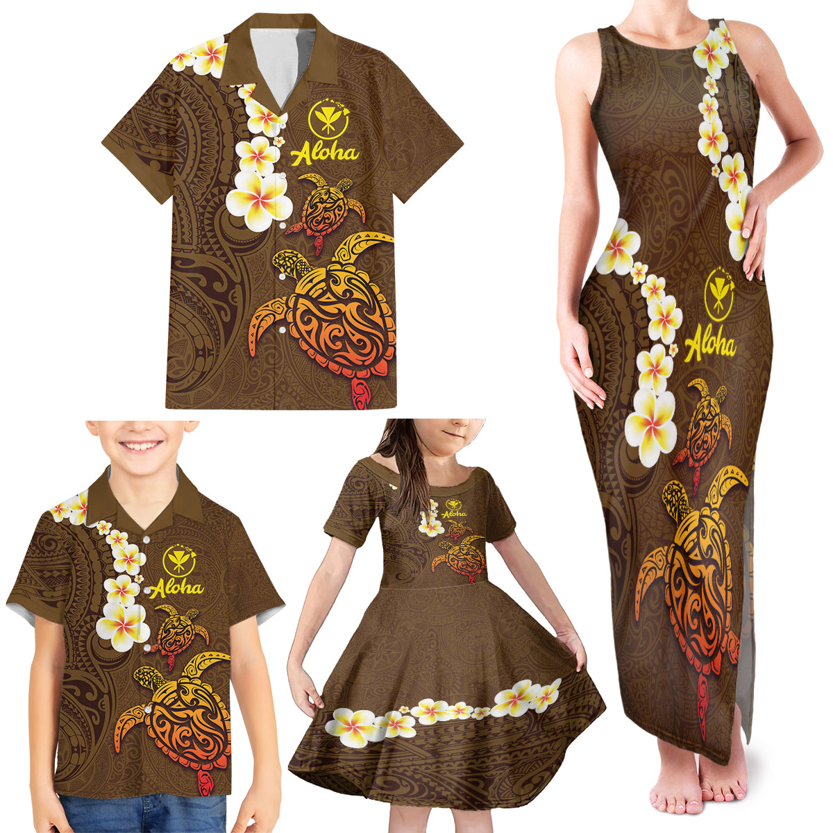 Hawaii Turtle Plumeria Flower Family Matching Tank Maxi Dress and Hawaiian Shirt Polynesian Pattern Brown Color