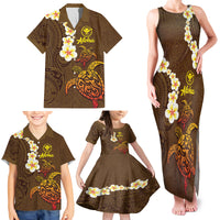 Hawaii Turtle Plumeria Flower Family Matching Tank Maxi Dress and Hawaiian Shirt Polynesian Pattern Brown Color