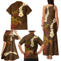 Hawaii Turtle Plumeria Flower Family Matching Tank Maxi Dress and Hawaiian Shirt Polynesian Pattern Brown Color