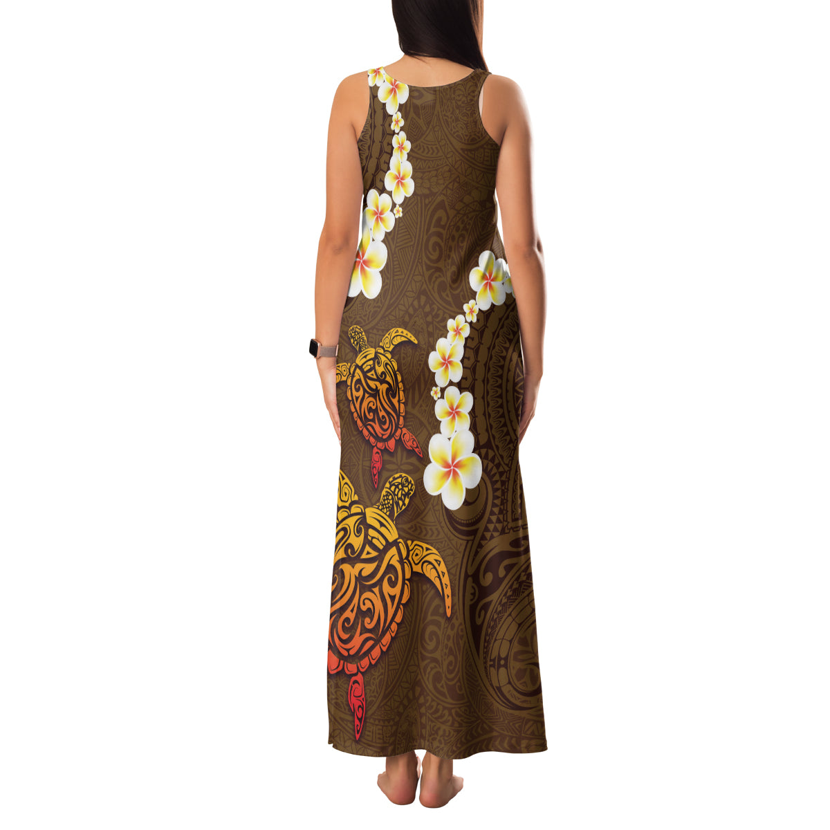 Hawaii Turtle Plumeria Flower Family Matching Tank Maxi Dress and Hawaiian Shirt Polynesian Pattern Brown Color