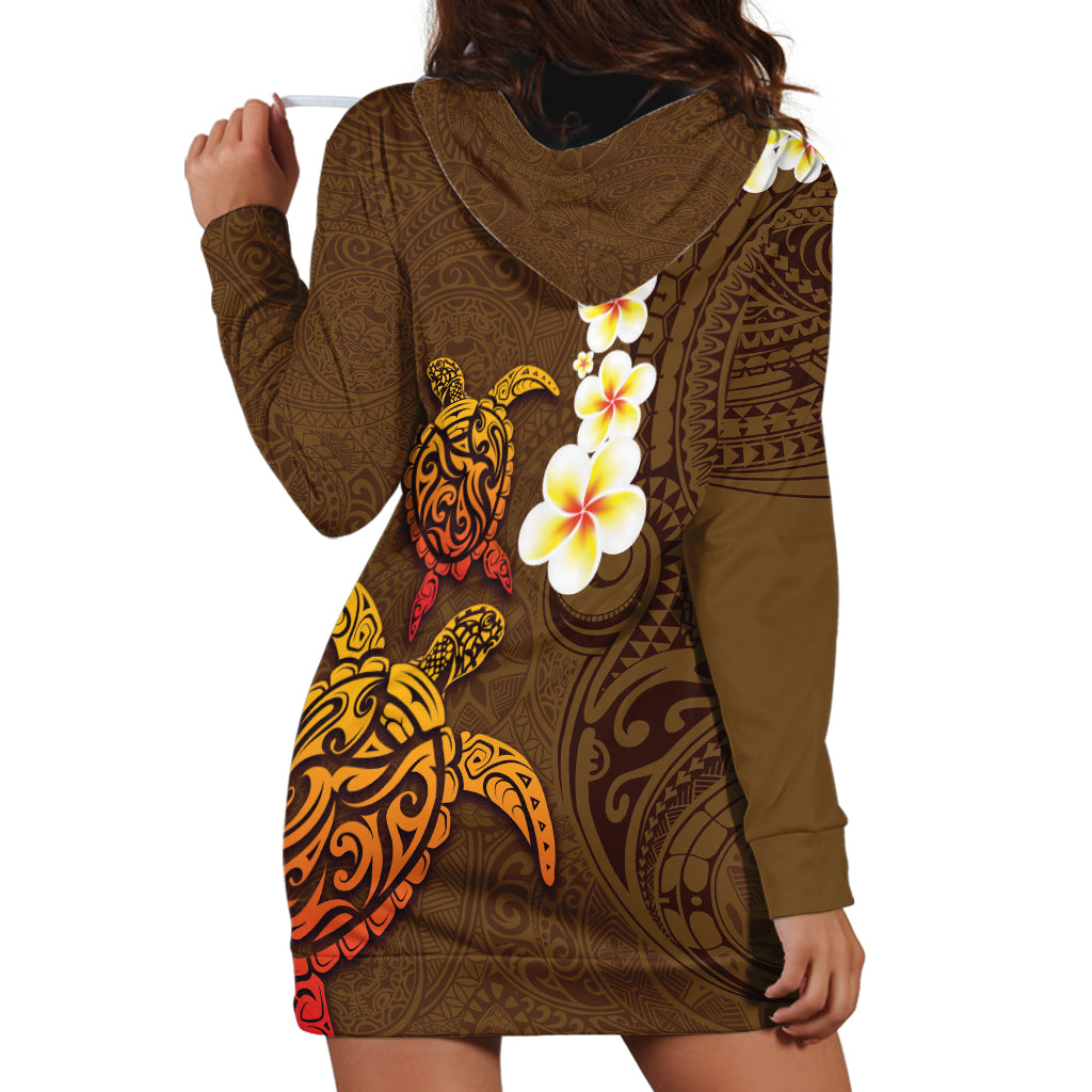 Hawaii Turtle Plumeria Flower Hoodie Dress Polynesian Pattern Brown Color