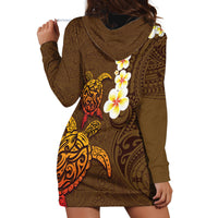 Hawaii Turtle Plumeria Flower Hoodie Dress Polynesian Pattern Brown Color