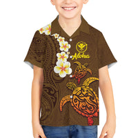 Hawaii Turtle Plumeria Flower Kid Hawaiian Shirt Polynesian Pattern Brown Color