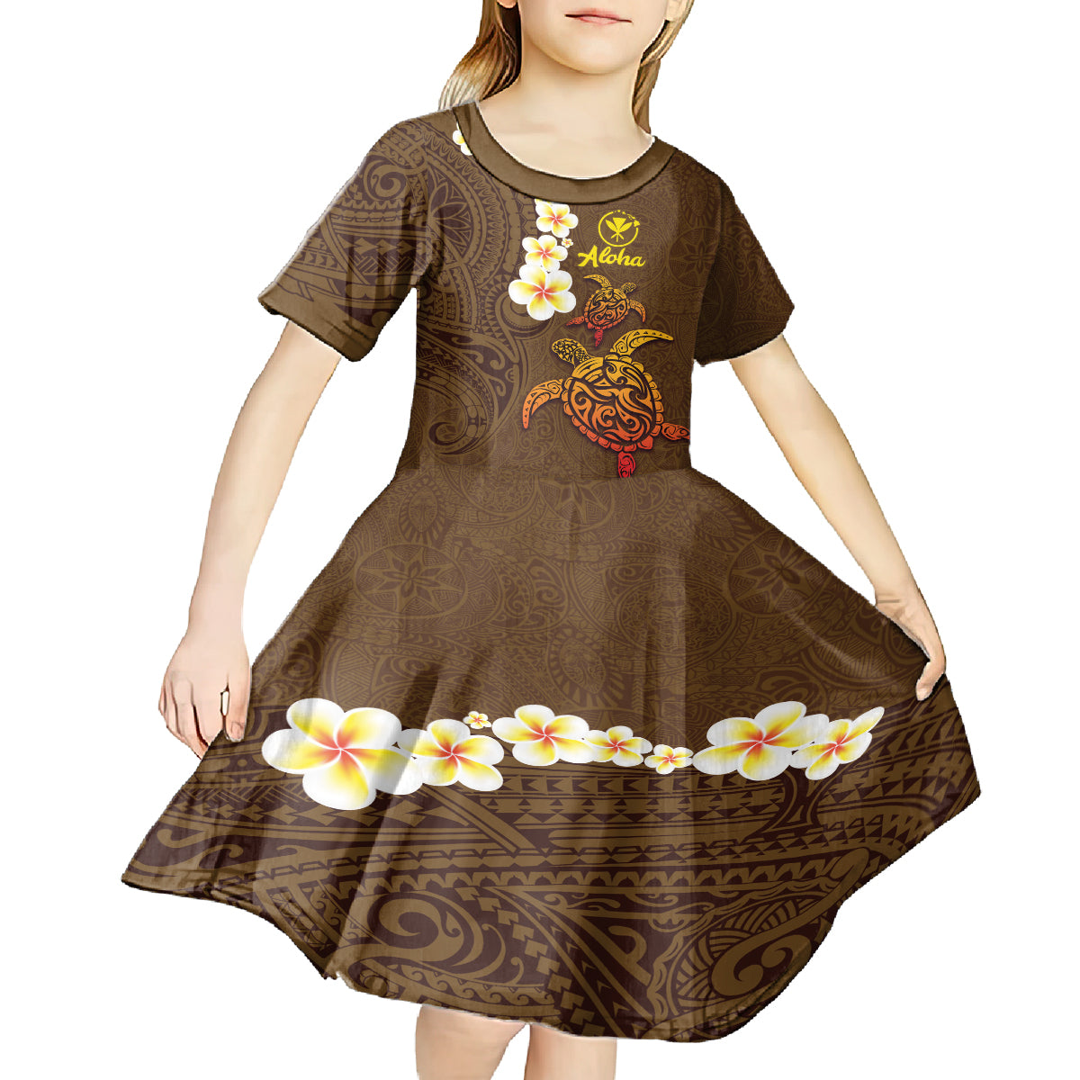 Hawaii Turtle Plumeria Flower Kid Short Sleeve Dress Polynesian Pattern Brown Color