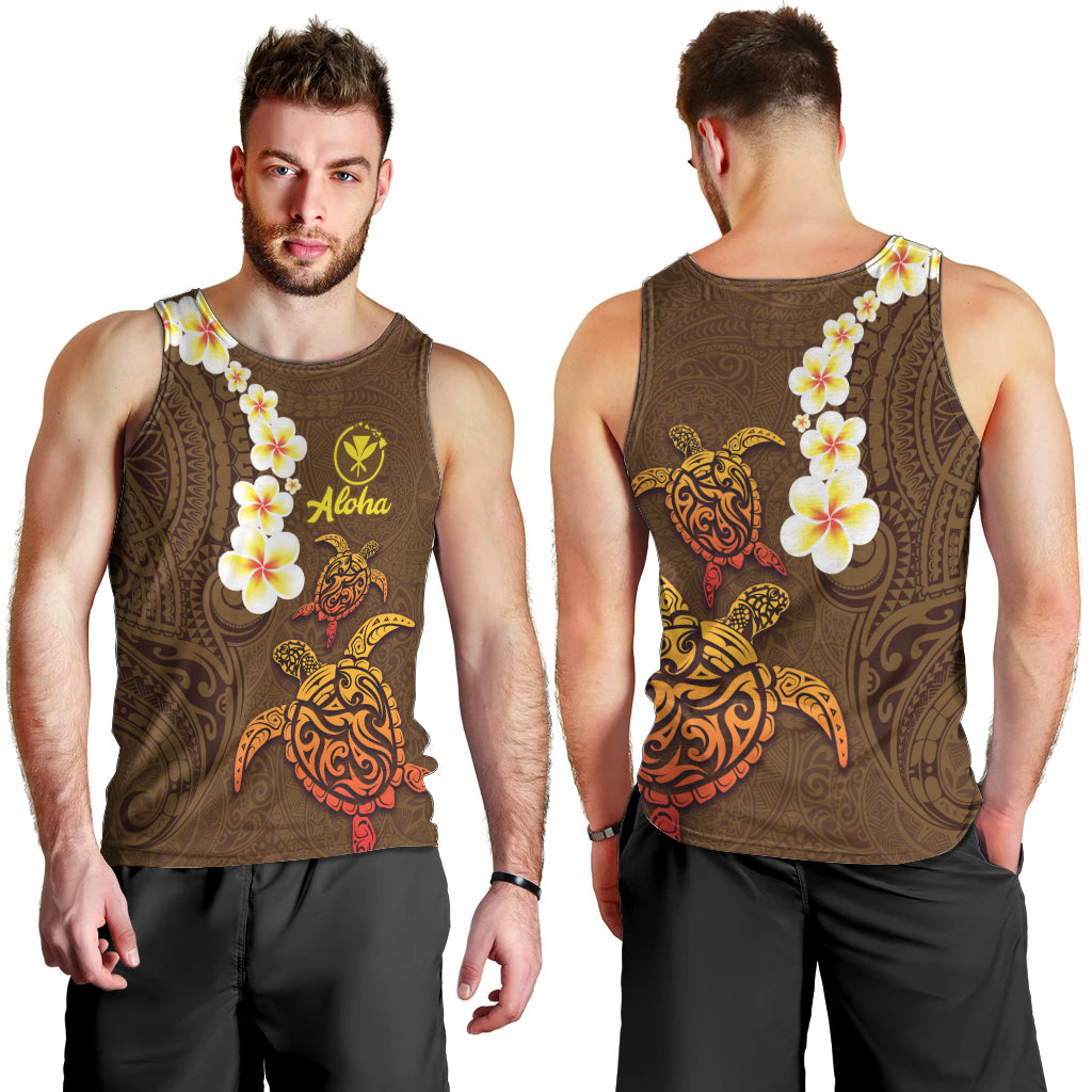 Hawaii Turtle Plumeria Flower Men Tank Top Polynesian Pattern Brown Color