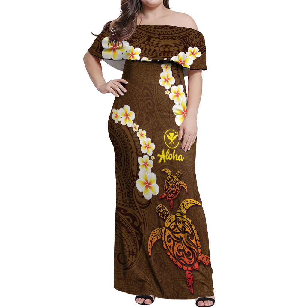 Hawaii Turtle Plumeria Flower Off Shoulder Maxi Dress Polynesian Pattern Brown Color