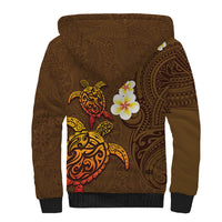 Hawaii Turtle Plumeria Flower Sherpa Hoodie Polynesian Pattern Brown Color