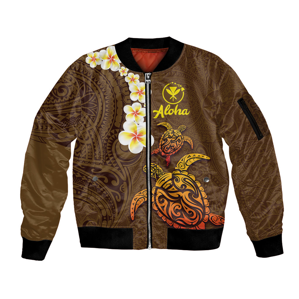 Hawaii Turtle Plumeria Flower Sleeve Zip Bomber Jacket Polynesian Pattern Brown Color