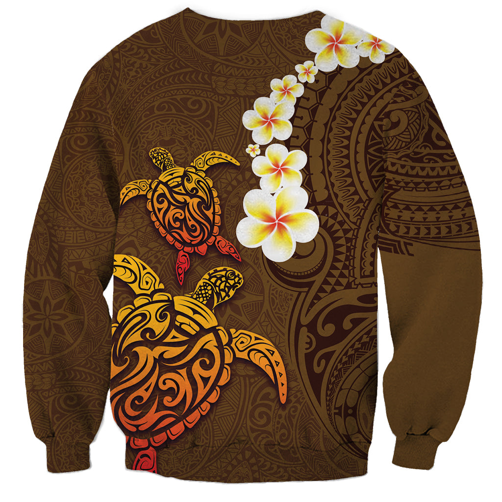 Hawaii Turtle Plumeria Flower Sweatshirt Polynesian Pattern Brown Color