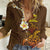 Hawaii Turtle Plumeria Flower Women Casual Shirt Polynesian Pattern Brown Color