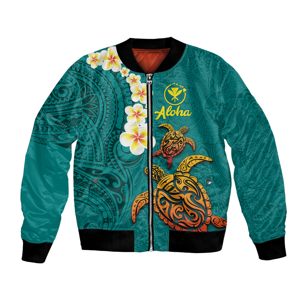 Hawaii Turtle Plumeria Flower Bomber Jacket Polynesian Pattern Turquoise Color
