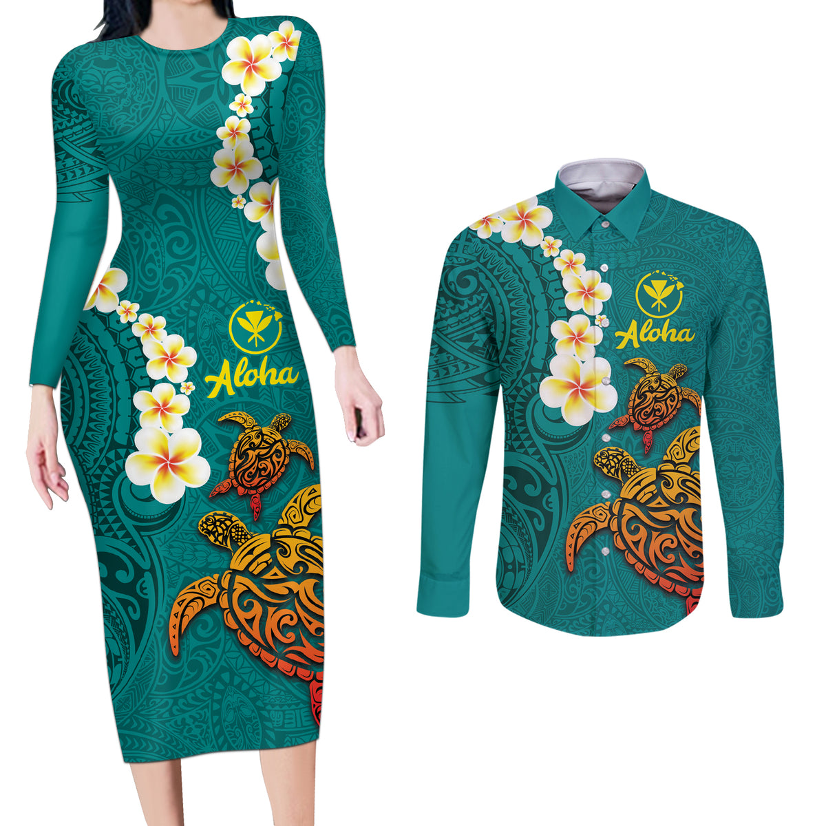 Hawaii Turtle Plumeria Flower Couples Matching Long Sleeve Bodycon Dress and Long Sleeve Button Shirt Polynesian Pattern Turquoise Color LT03 Turquoise - Polynesian Pride