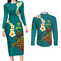 Hawaii Turtle Plumeria Flower Couples Matching Long Sleeve Bodycon Dress and Long Sleeve Button Shirt Polynesian Pattern Turquoise Color LT03 Turquoise - Polynesian Pride