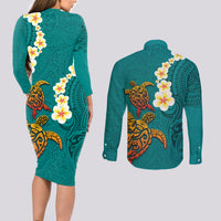 Hawaii Turtle Plumeria Flower Couples Matching Long Sleeve Bodycon Dress and Long Sleeve Button Shirt Polynesian Pattern Turquoise Color LT03 - Polynesian Pride