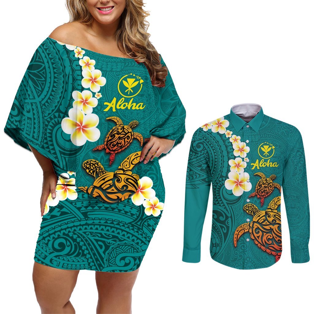 Hawaii Turtle Plumeria Flower Couples Matching Off Shoulder Short Dress and Long Sleeve Button Shirt Polynesian Pattern Turquoise Color LT03 Turquoise - Polynesian Pride