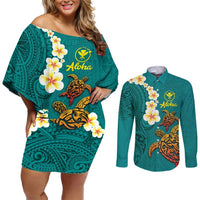 Hawaii Turtle Plumeria Flower Couples Matching Off Shoulder Short Dress and Long Sleeve Button Shirt Polynesian Pattern Turquoise Color LT03 Turquoise - Polynesian Pride