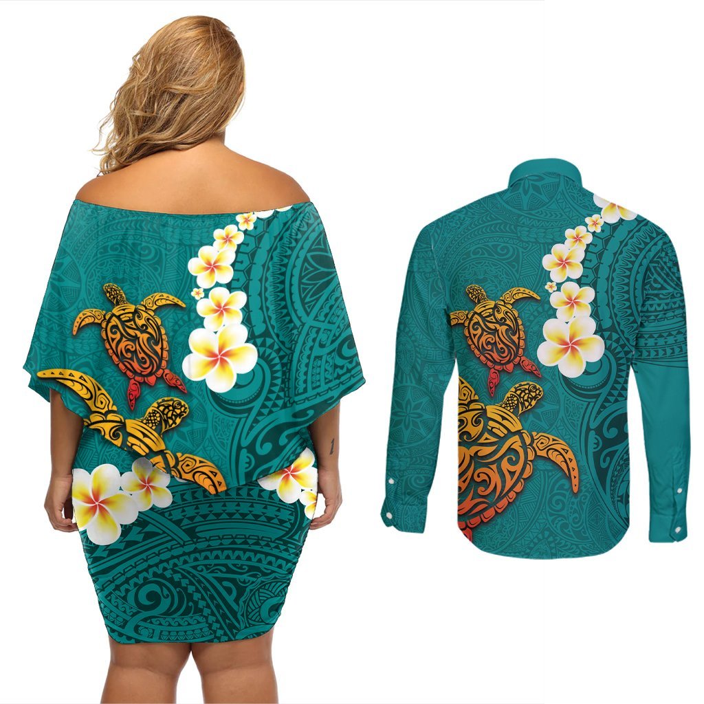 Hawaii Turtle Plumeria Flower Couples Matching Off Shoulder Short Dress and Long Sleeve Button Shirt Polynesian Pattern Turquoise Color LT03 - Polynesian Pride
