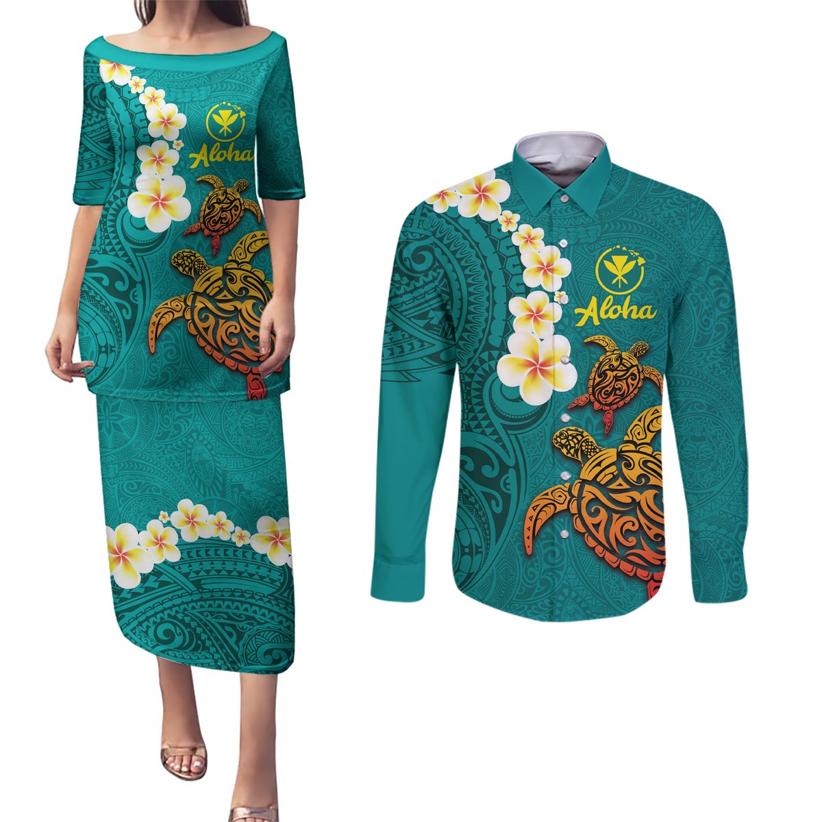 Hawaii Turtle Plumeria Flower Couples Matching Puletasi and Long Sleeve Button Shirt Polynesian Pattern Turquoise Color