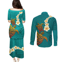 Hawaii Turtle Plumeria Flower Couples Matching Puletasi and Long Sleeve Button Shirt Polynesian Pattern Turquoise Color