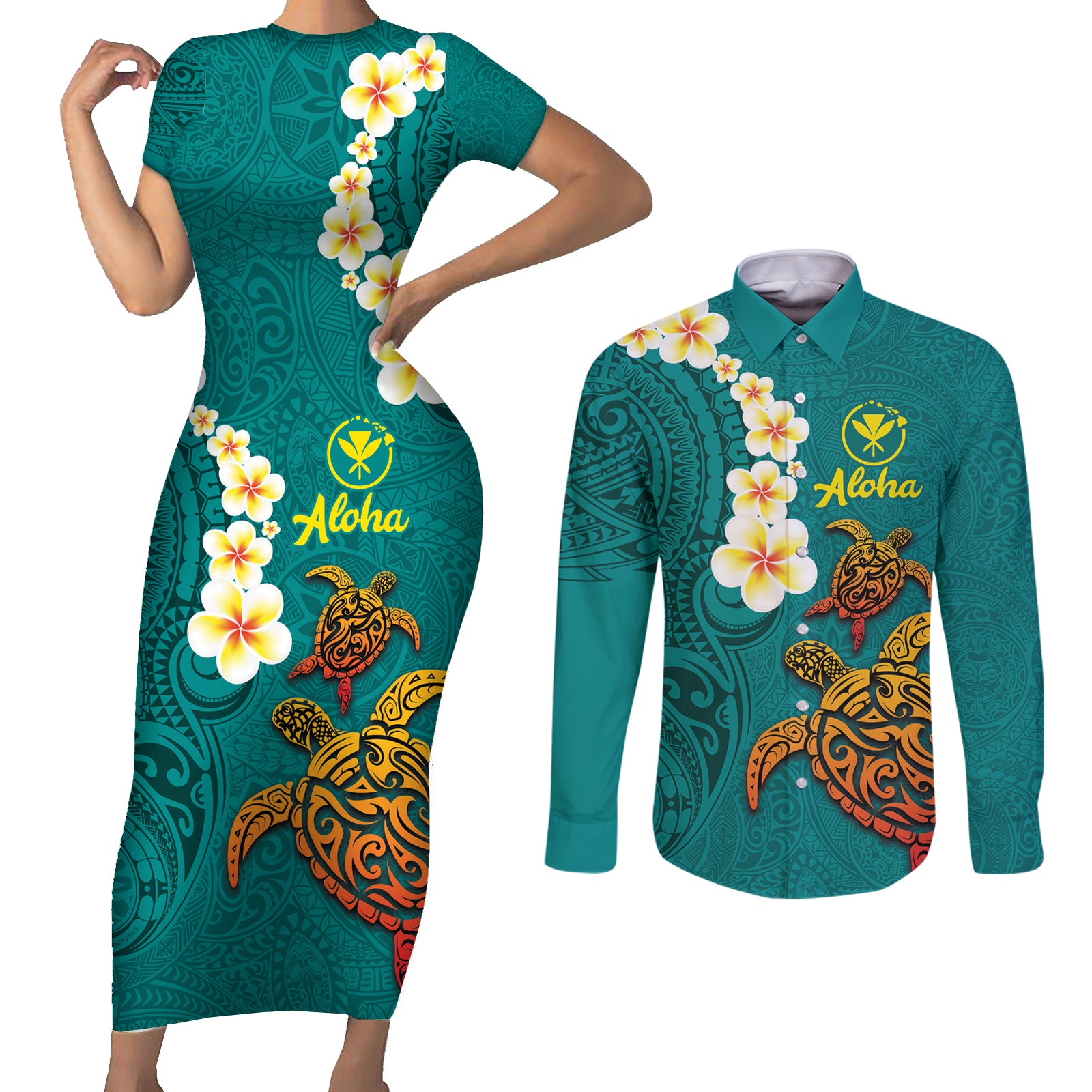 Hawaii Turtle Plumeria Flower Couples Matching Short Sleeve Bodycon Dress and Long Sleeve Button Shirt Polynesian Pattern Turquoise Color