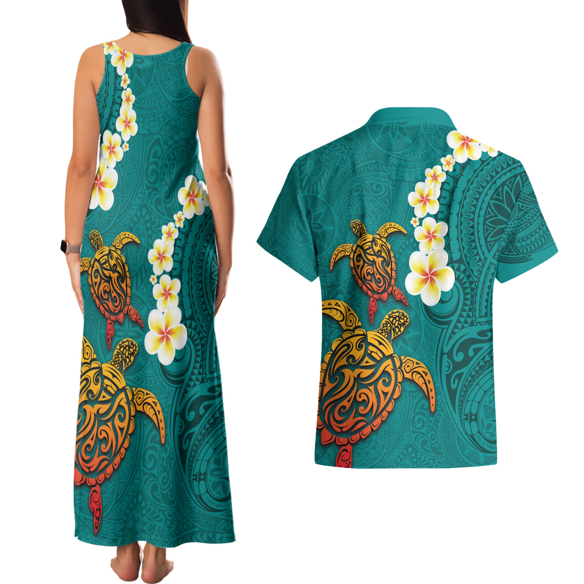 Hawaii Turtle Plumeria Flower Couples Matching Tank Maxi Dress and Hawaiian Shirt Polynesian Pattern Turquoise Color