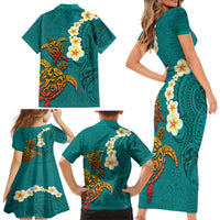 Hawaii Turtle Plumeria Flower Family Matching Short Sleeve Bodycon Dress and Hawaiian Shirt Polynesian Pattern Turquoise Color