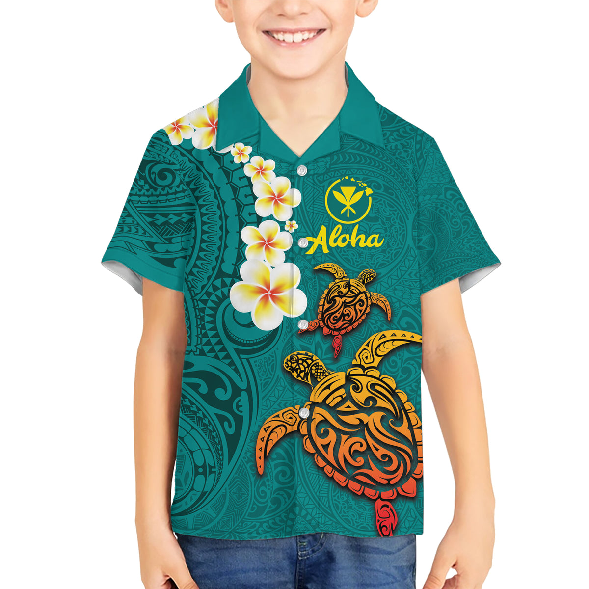 Hawaii Turtle Plumeria Flower Family Matching Short Sleeve Bodycon Dress and Hawaiian Shirt Polynesian Pattern Turquoise Color