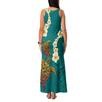 Hawaii Turtle Plumeria Flower Family Matching Tank Maxi Dress and Hawaiian Shirt Polynesian Pattern Turquoise Color