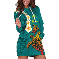 Hawaii Turtle Plumeria Flower Hoodie Dress Polynesian Pattern Turquoise Color
