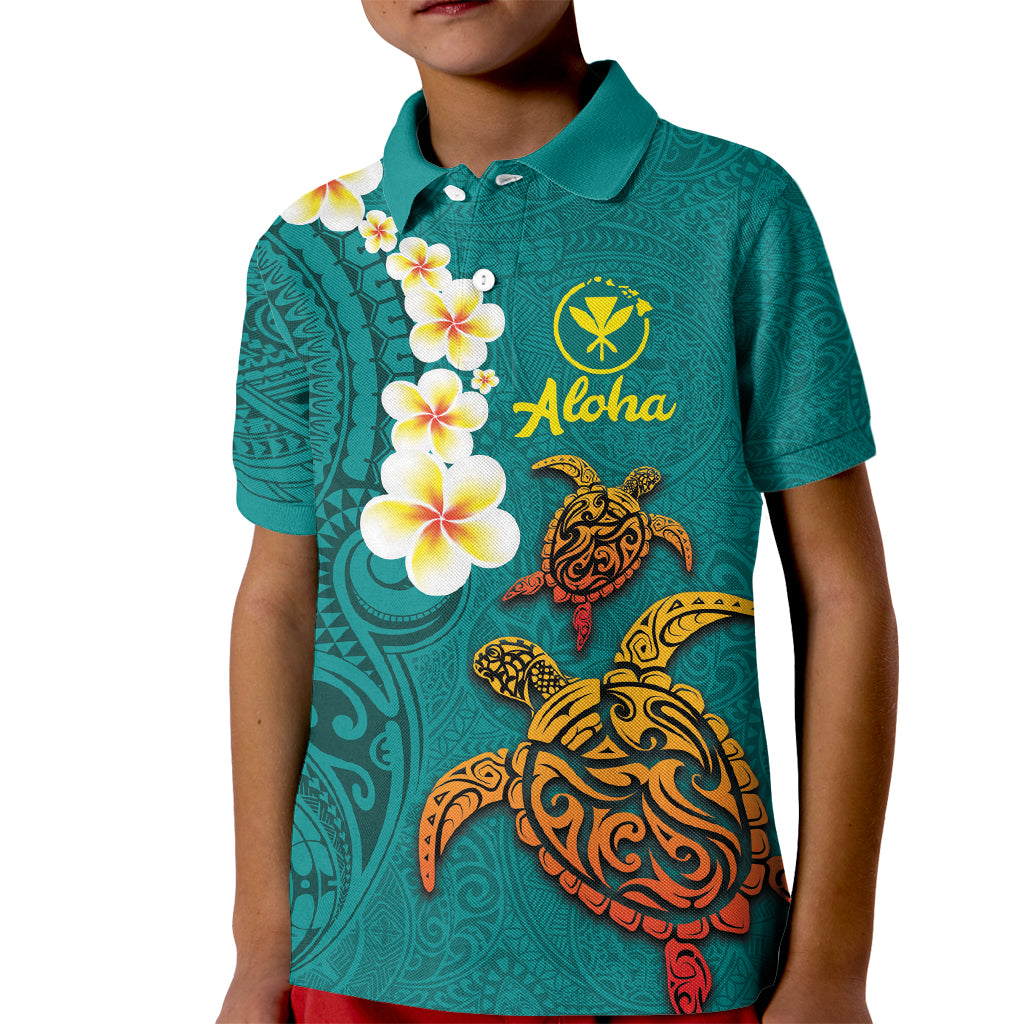 Hawaii Turtle Plumeria Flower Kid Polo Shirt Polynesian Pattern Turquoise Color