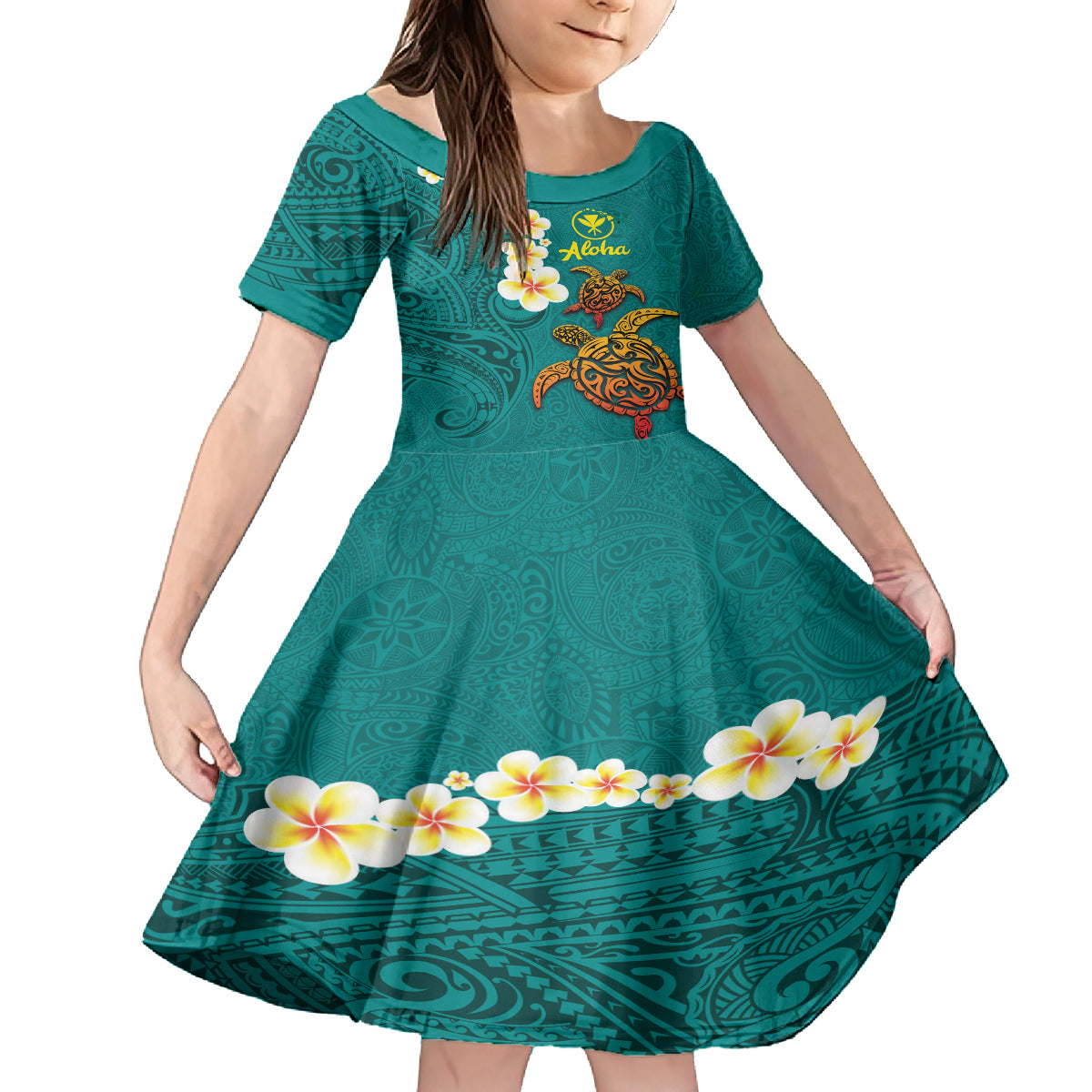 Hawaii Turtle Plumeria Flower Kid Short Sleeve Dress Polynesian Pattern Turquoise Color