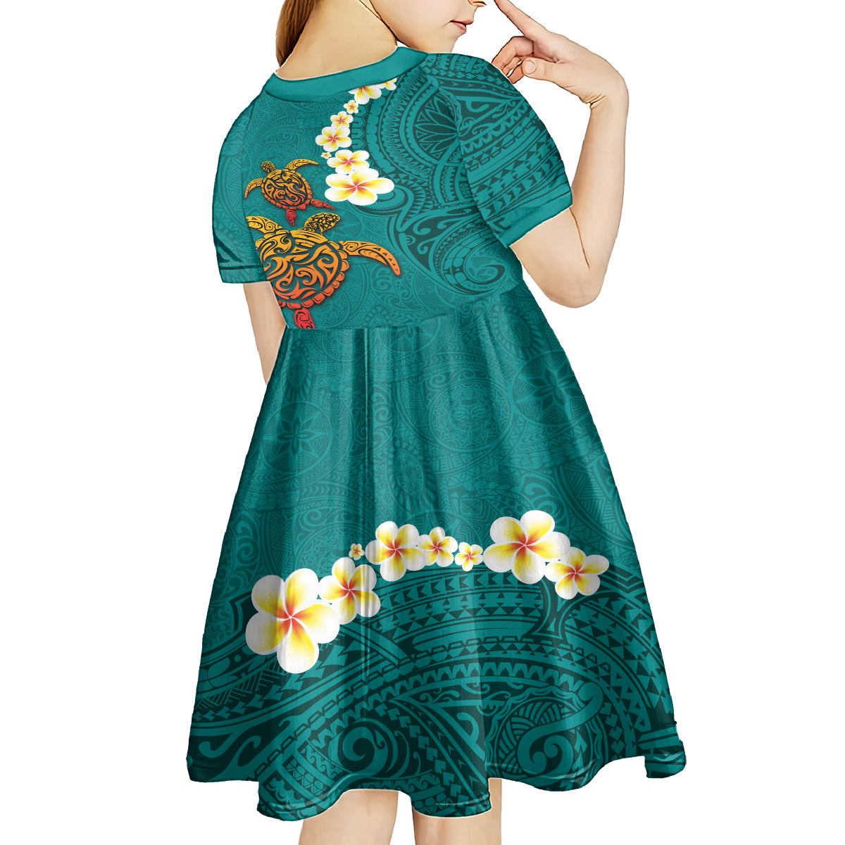 Hawaii Turtle Plumeria Flower Kid Short Sleeve Dress Polynesian Pattern Turquoise Color