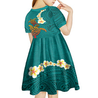 Hawaii Turtle Plumeria Flower Kid Short Sleeve Dress Polynesian Pattern Turquoise Color