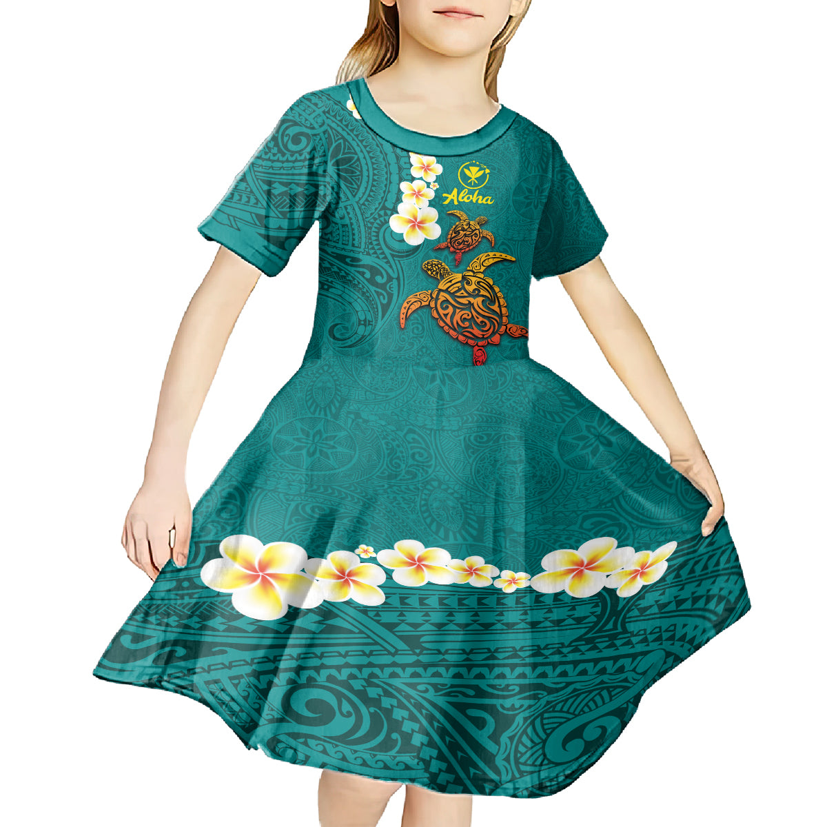 Hawaii Turtle Plumeria Flower Kid Short Sleeve Dress Polynesian Pattern Turquoise Color