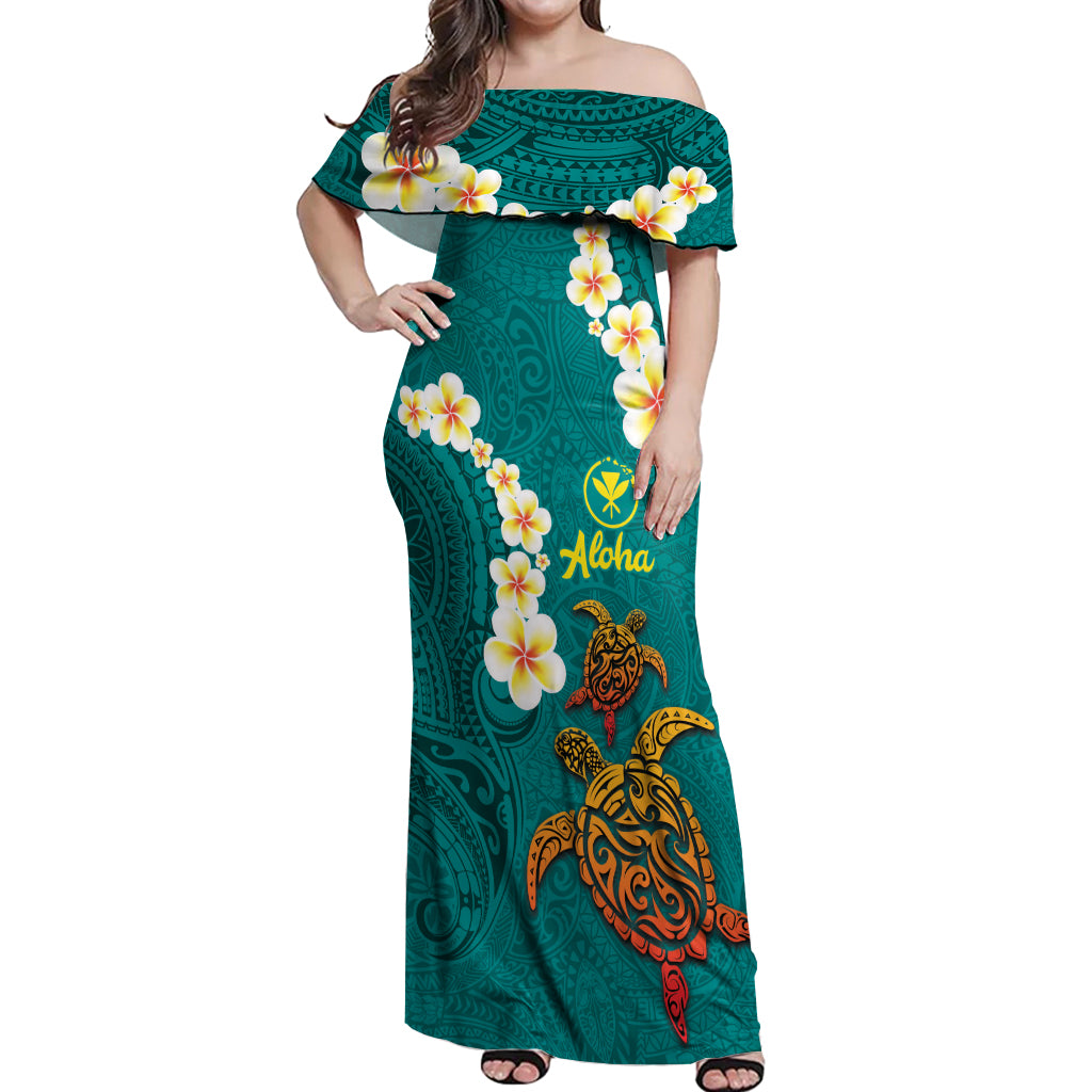 Hawaii Turtle Plumeria Flower Off Shoulder Maxi Dress Polynesian Pattern Turquoise Color