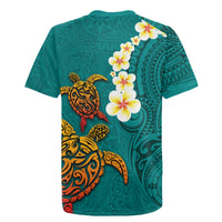 Hawaii Turtle Plumeria Flower Rugby Jersey Polynesian Pattern Turquoise Color