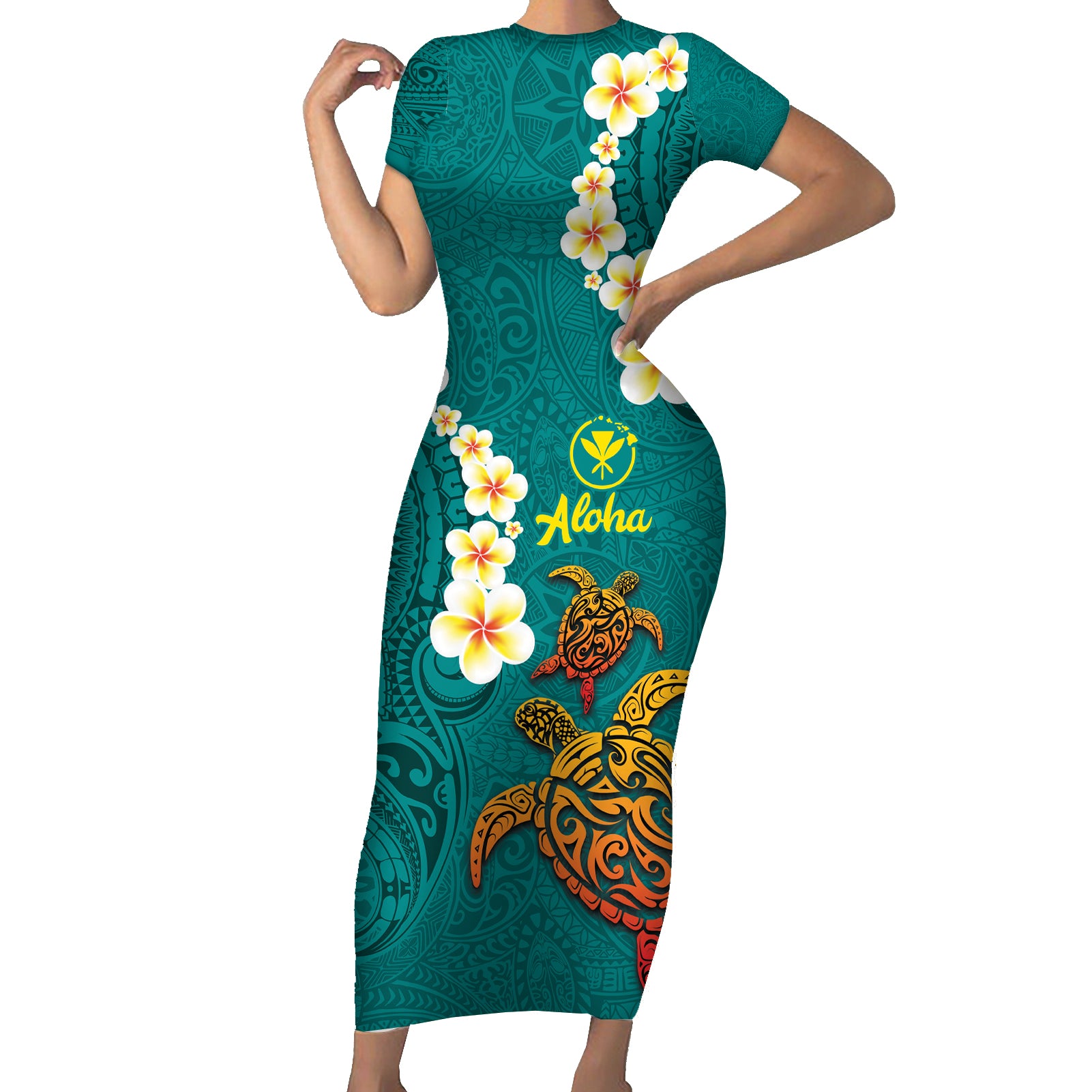 Hawaii Turtle Plumeria Flower Short Sleeve Bodycon Dress Polynesian Pattern Turquoise Color