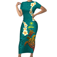 Hawaii Turtle Plumeria Flower Short Sleeve Bodycon Dress Polynesian Pattern Turquoise Color