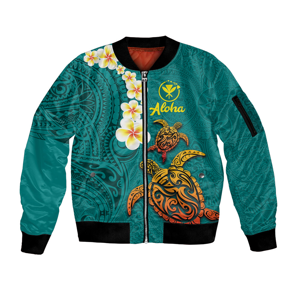 Hawaii Turtle Plumeria Flower Sleeve Zip Bomber Jacket Polynesian Pattern Turquoise Color