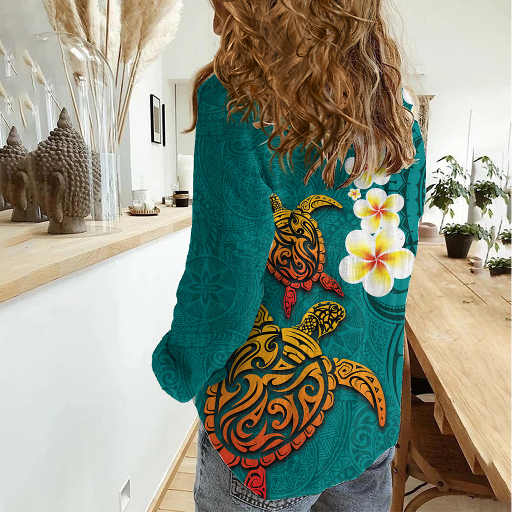 Hawaii Turtle Plumeria Flower Women Casual Shirt Polynesian Pattern Turquoise Color