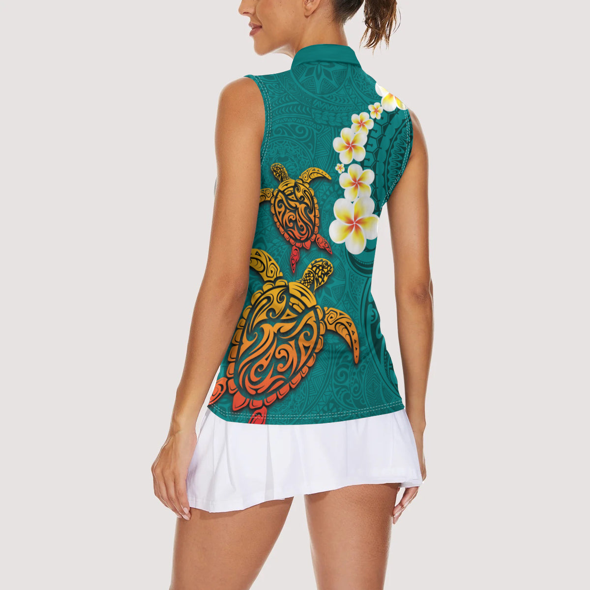 Hawaii Turtle Plumeria Flower Women Sleeveless Polo Shirt Polynesian Pattern Turquoise Color