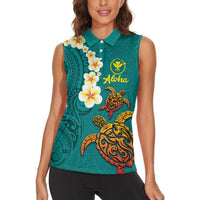 Hawaii Turtle Plumeria Flower Women Sleeveless Polo Shirt Polynesian Pattern Turquoise Color