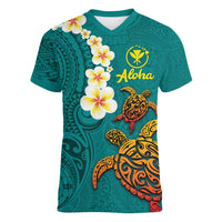 Hawaii Turtle Plumeria Flower Women V-Neck T-Shirt Polynesian Pattern Turquoise Color