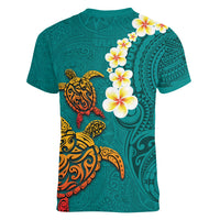 Hawaii Turtle Plumeria Flower Women V-Neck T-Shirt Polynesian Pattern Turquoise Color