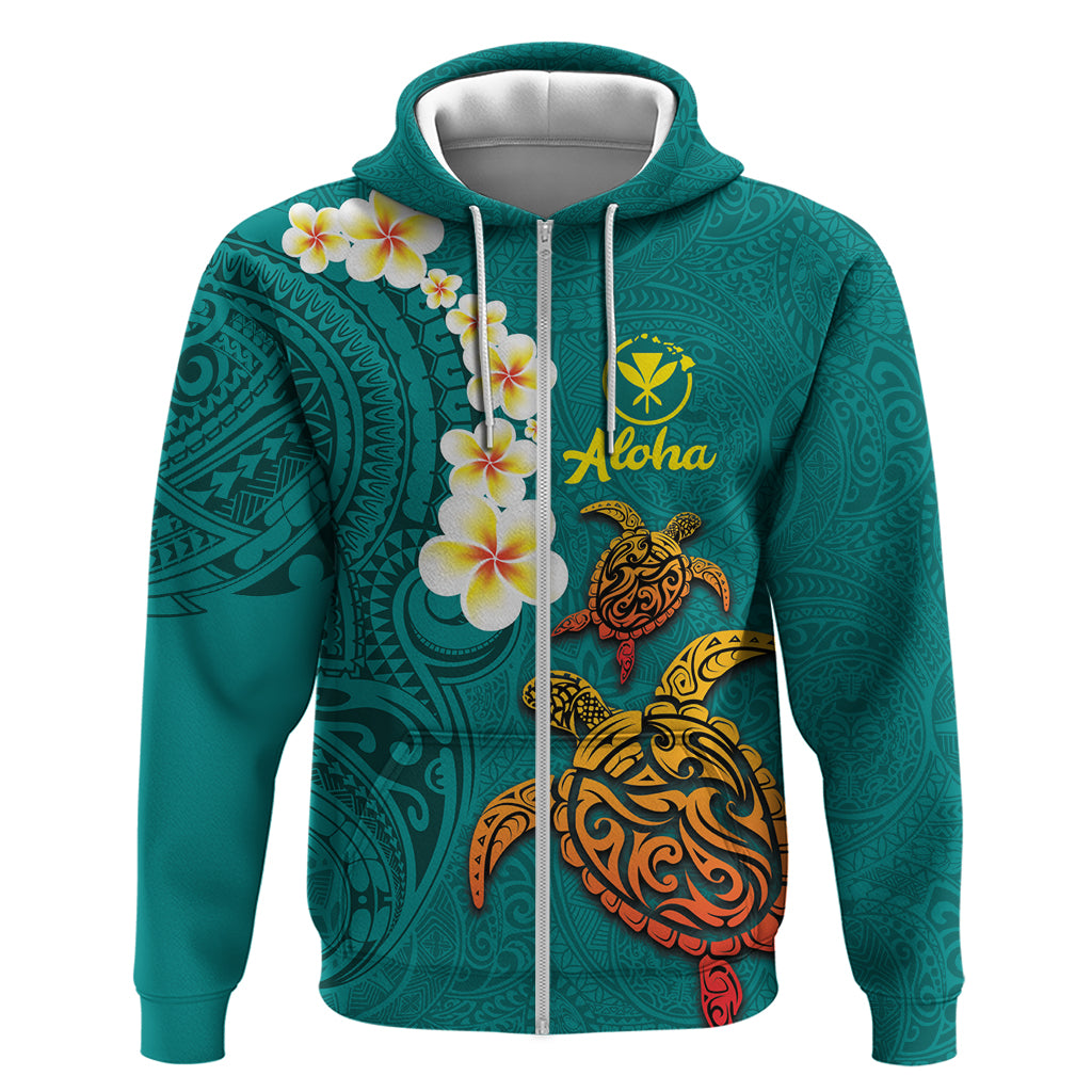 Hawaii Turtle Plumeria Flower Zip Hoodie Polynesian Pattern Turquoise Color