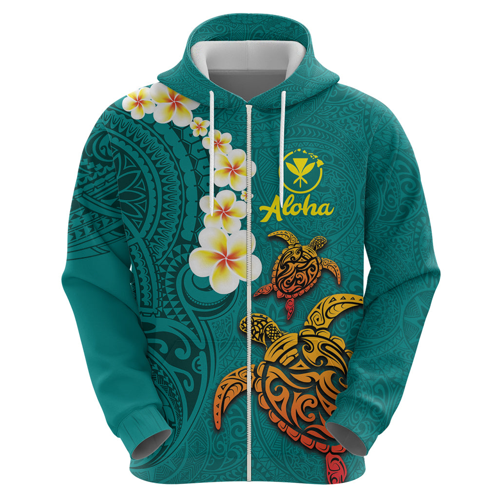 Hawaii Turtle Plumeria Flower Zip Hoodie Polynesian Pattern Turquoise Color