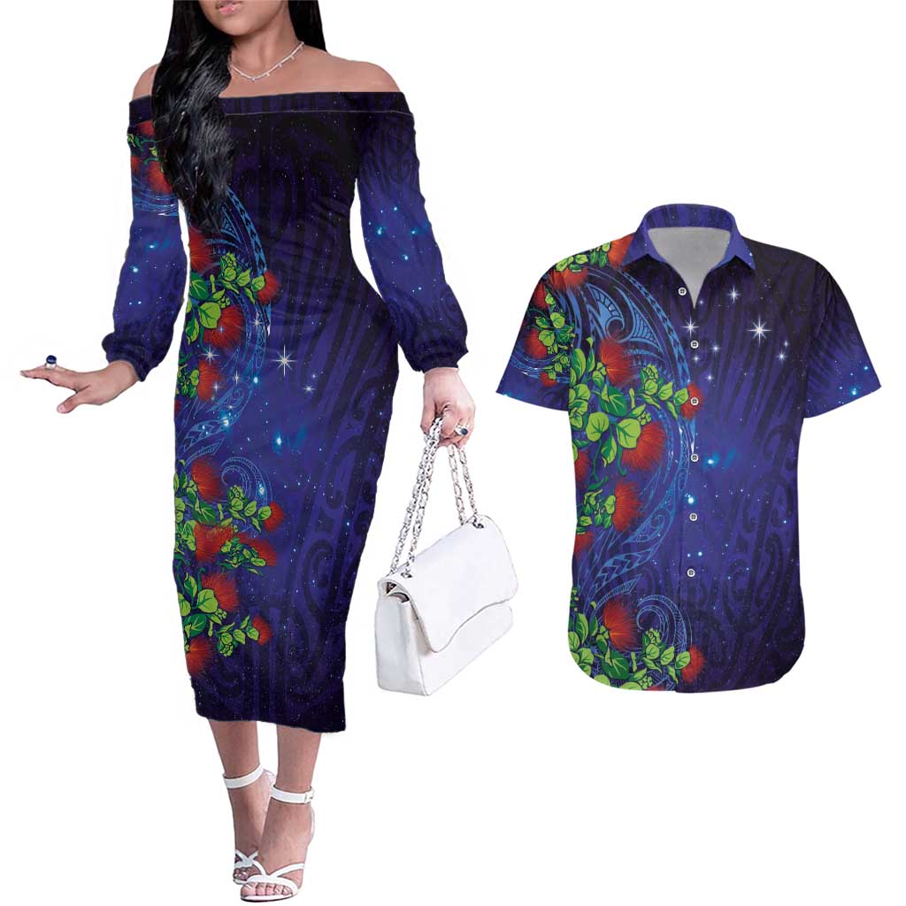 Matariki New Zealand Maori and Pohutukawa Couples Matching Off The Shoulder Long Sleeve Dress and Hawaiian Shirt Galaxy Blue Sky Style