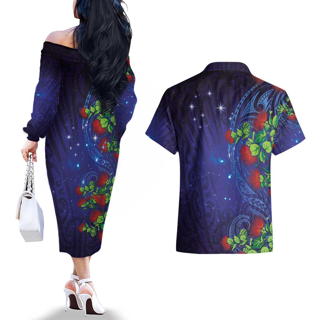 Matariki New Zealand Maori and Pohutukawa Couples Matching Off The Shoulder Long Sleeve Dress and Hawaiian Shirt Galaxy Blue Sky Style