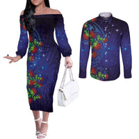 Matariki New Zealand Maori and Pohutukawa Couples Matching Off The Shoulder Long Sleeve Dress and Long Sleeve Button Shirt Galaxy Blue Sky Style